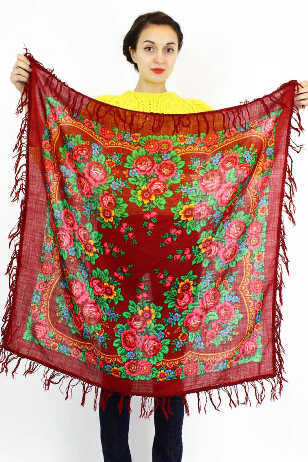 crimson floral fringed scarf