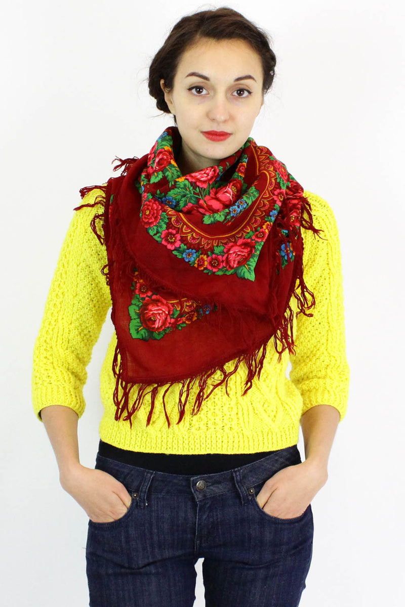 crimson floral fringed scarf