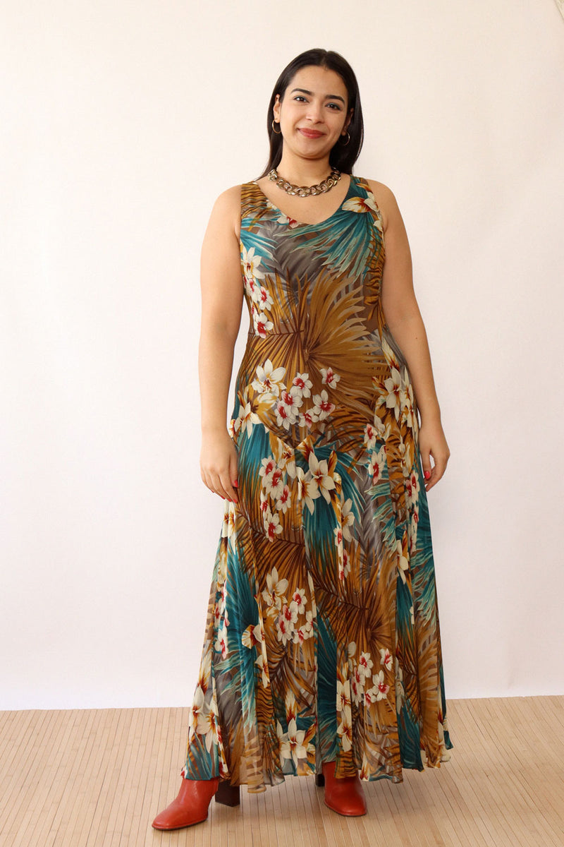 Tropical Silk Bias Cut Dress L/XL
