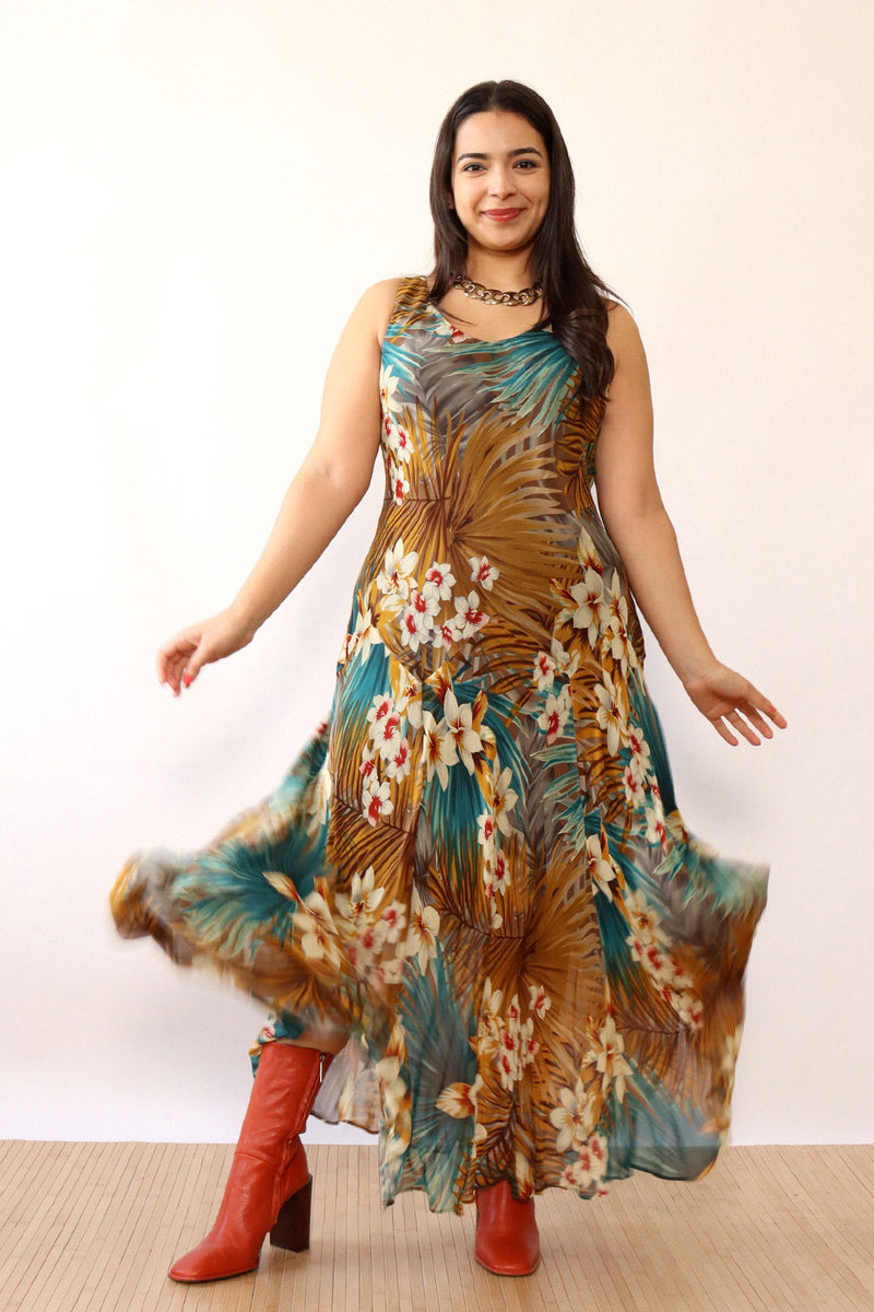 Tropical Silk Bias Cut Dress L/XL