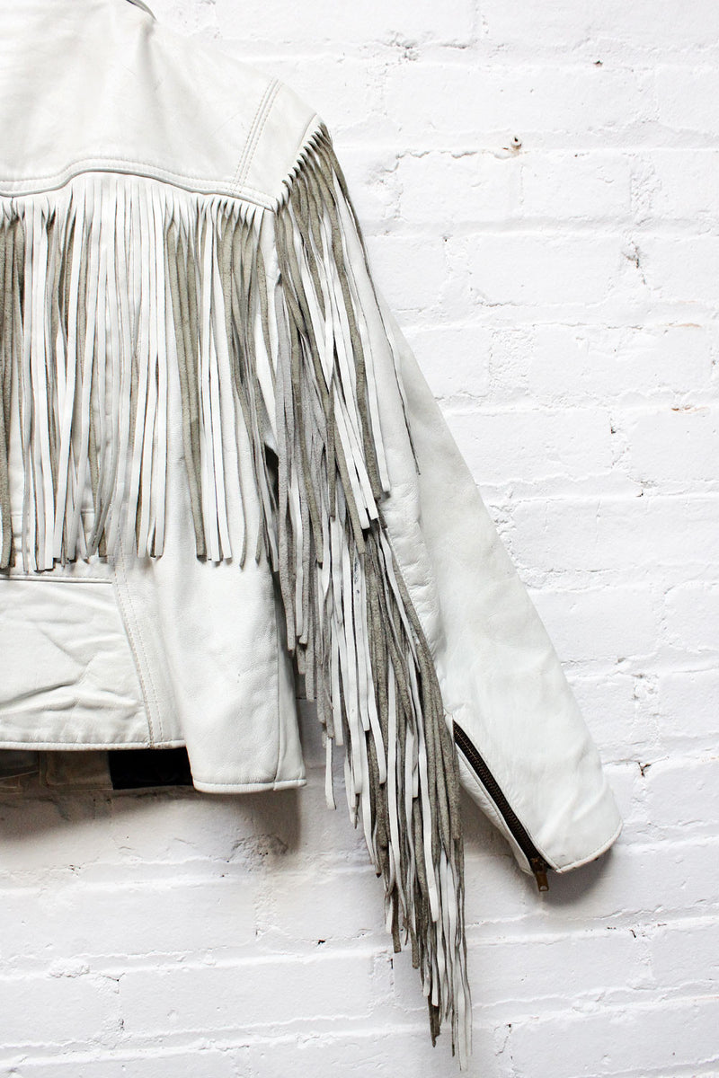 White Leather Fringe Coat M