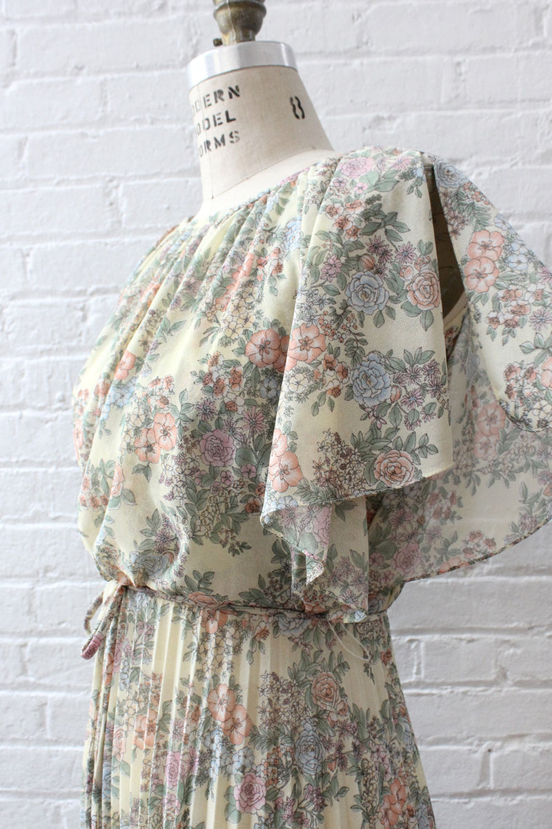 pleated prairie dress Vtg 70's David Warren Maxi Floral Peasant Dress Pleated Sheer Women's 6 Prairie