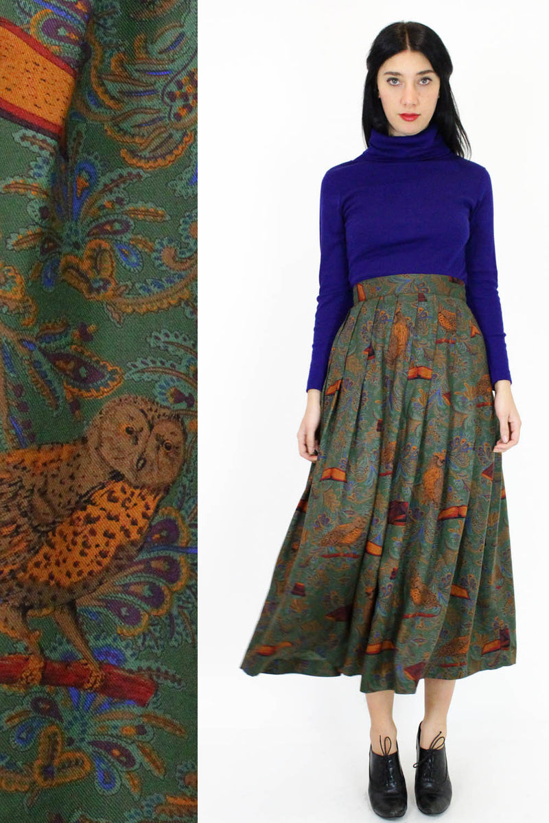 Librarian Owl Print Midi Skirt M