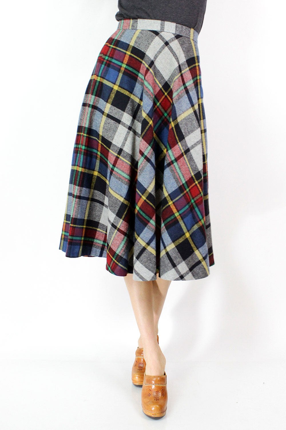 70s Flared Plaid Skirt M