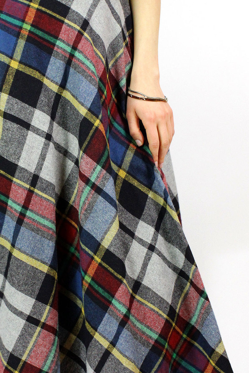 70s Flared Plaid Skirt M