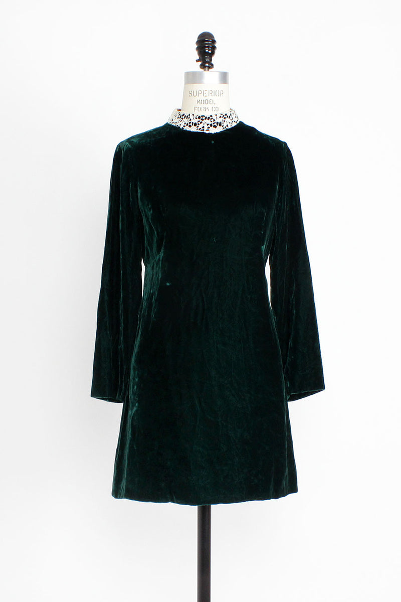 Green 60s Silk Velvet Mini Dress S