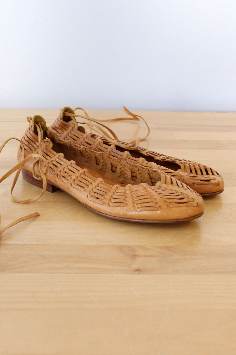 Honey Leather Woven Flats 6.5
