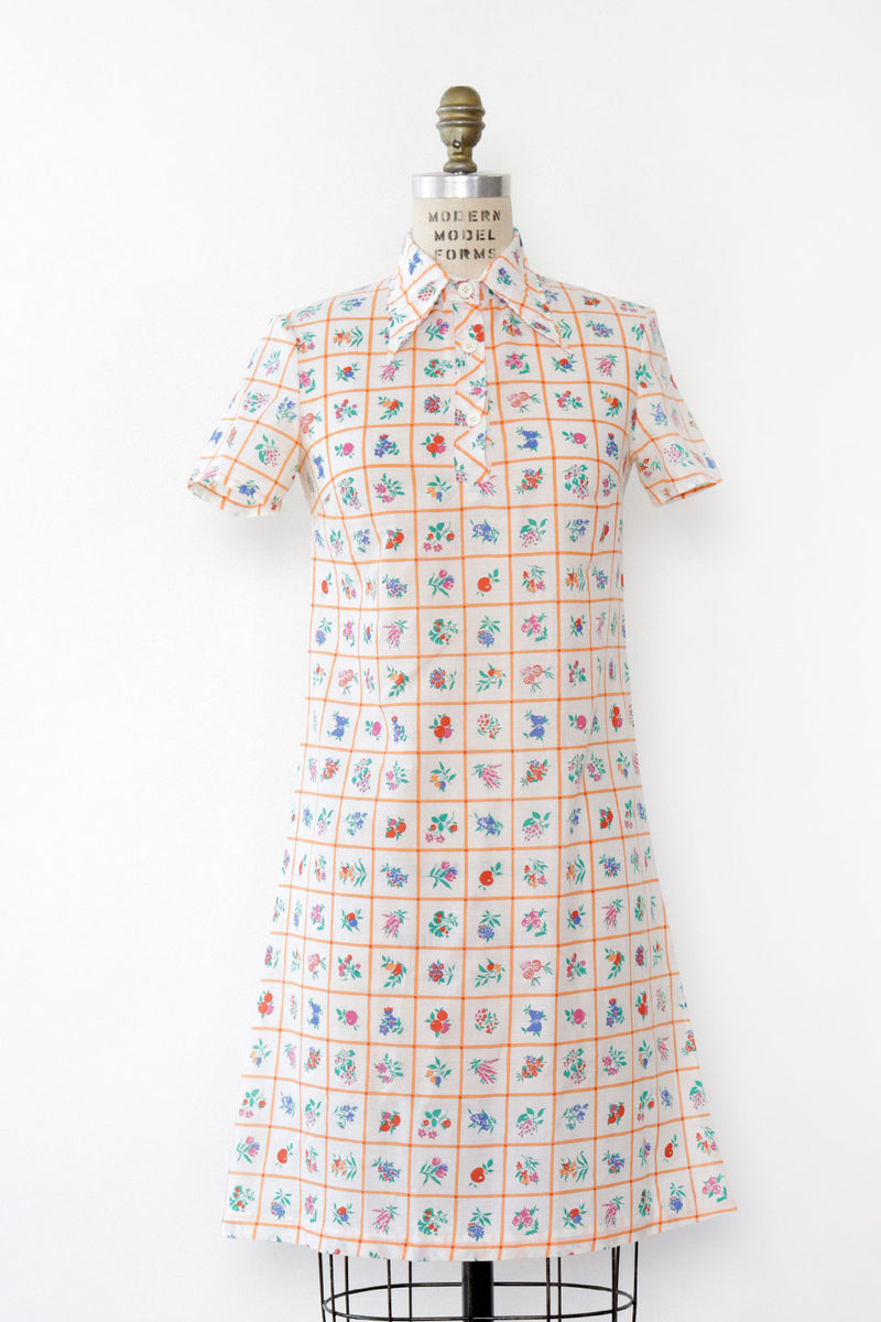 Gridded Fruit Floral Shift Dress S
