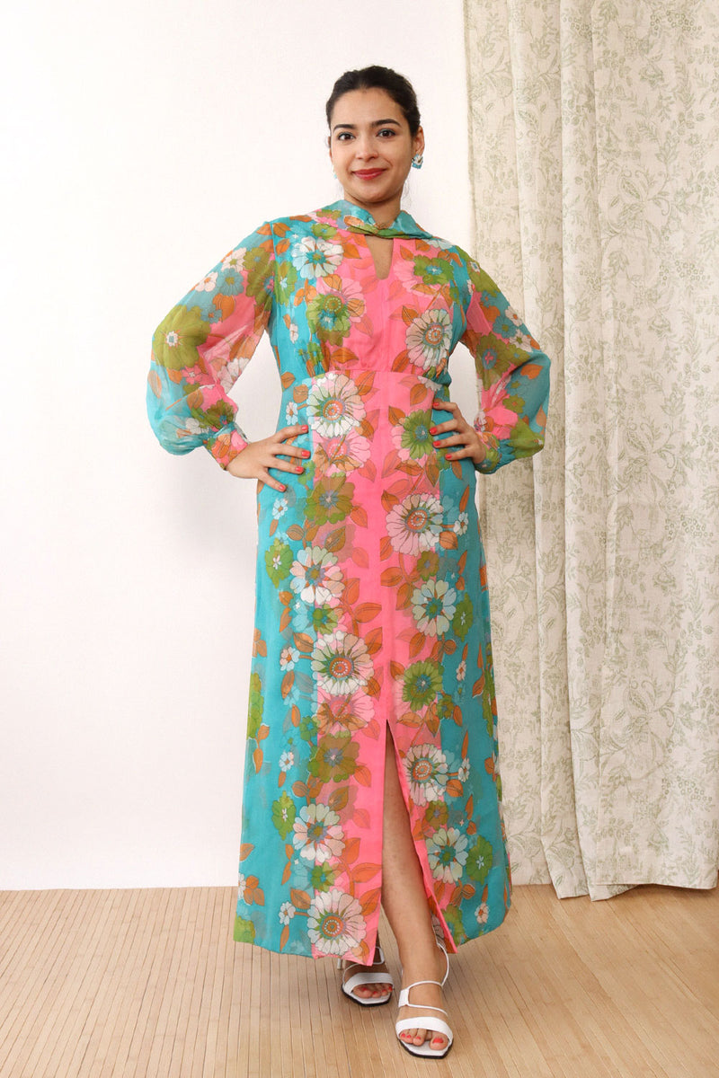 Flower Power Maxi Dress w/ Chiffon Cape L