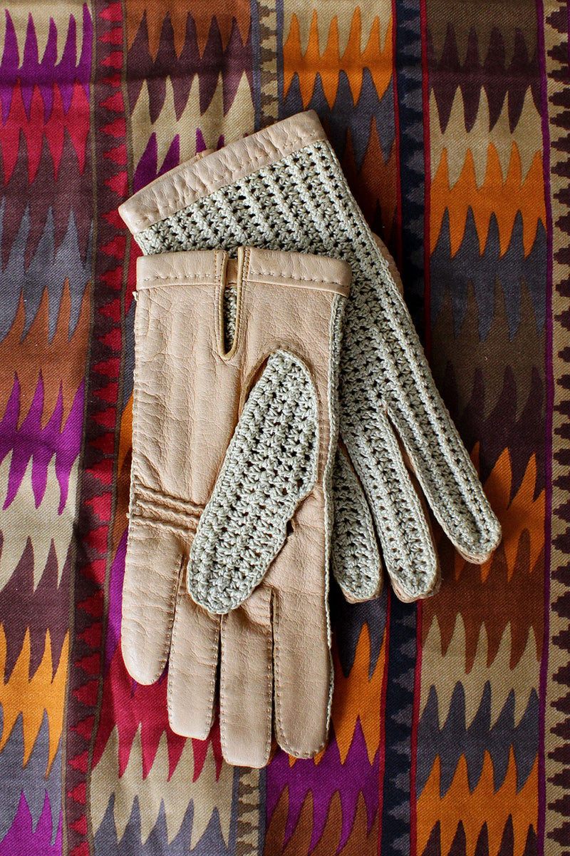 Crochet Camel Leather Gloves