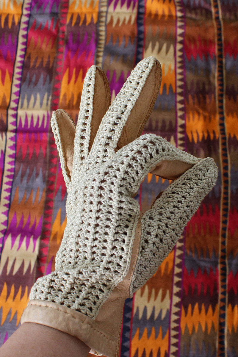 Crochet Camel Leather Gloves
