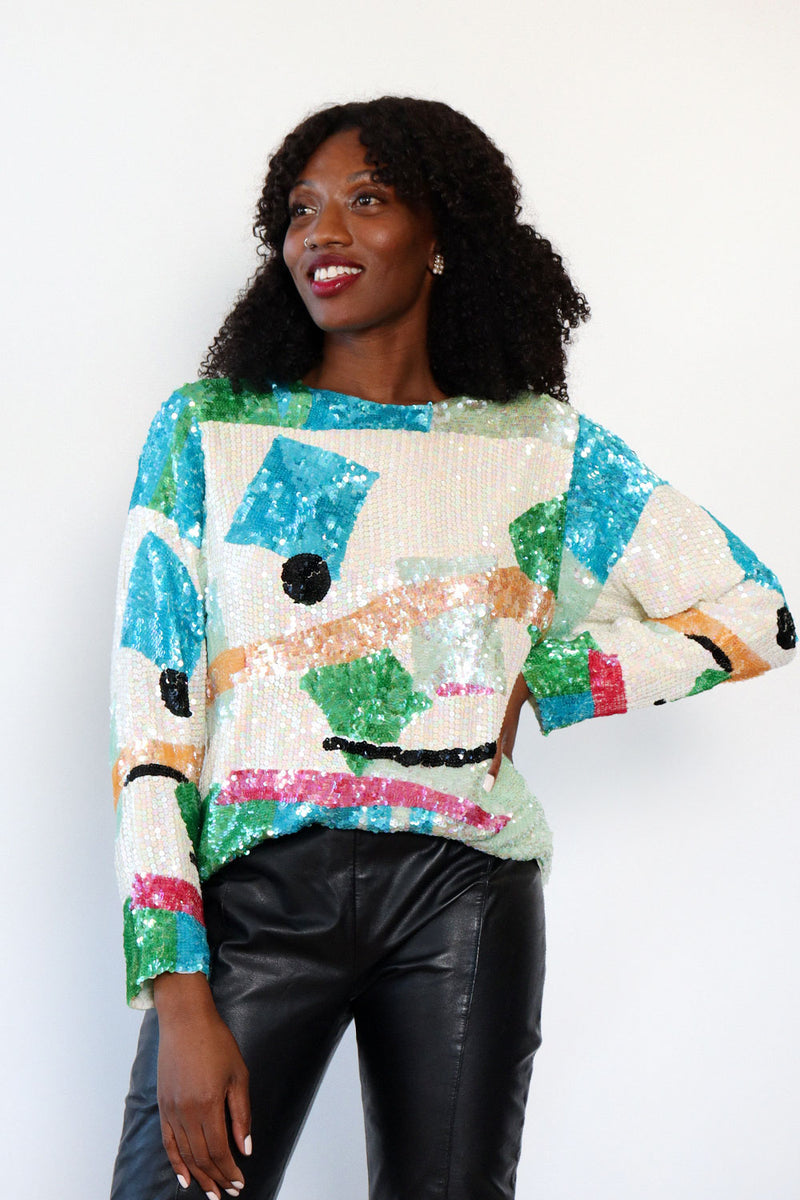 Oleg Cassini Abstract Sequin Top M/L