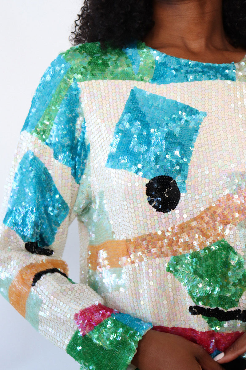 Oleg Cassini Abstract Sequin Top M/L