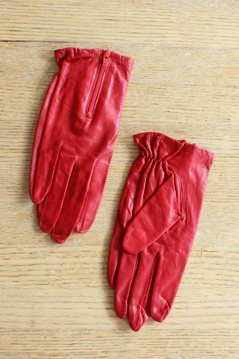 Red Zip Leather Gloves