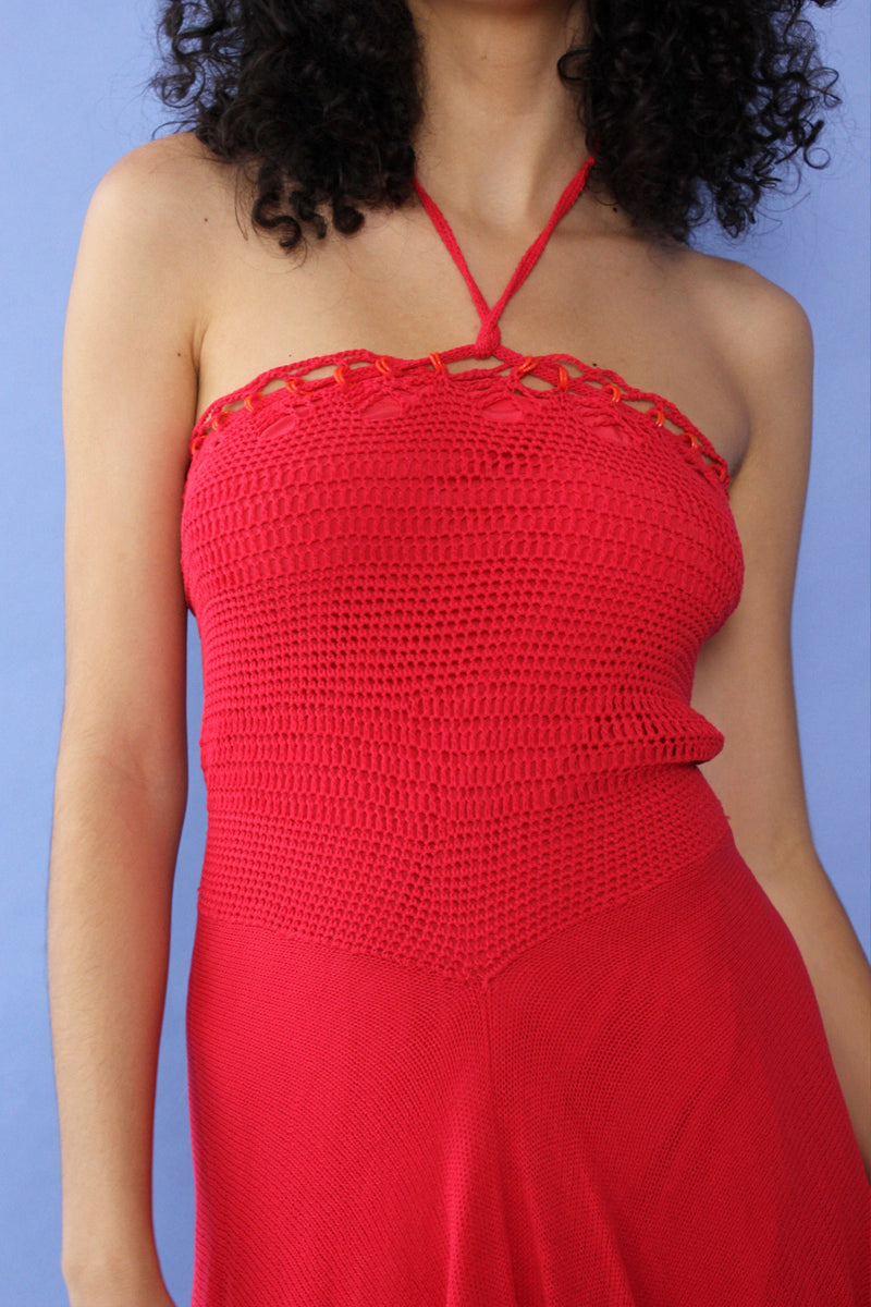 Y2K Raspberry Crochet Knit Dress S/M