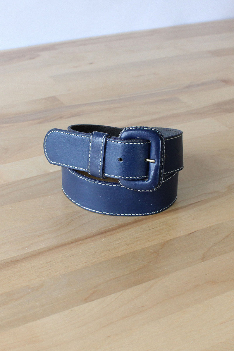 Navy Leather Topstitch Belt