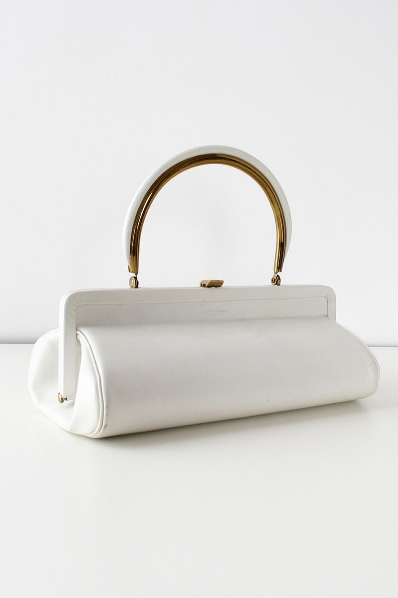 Cream Leather Structured Handbag