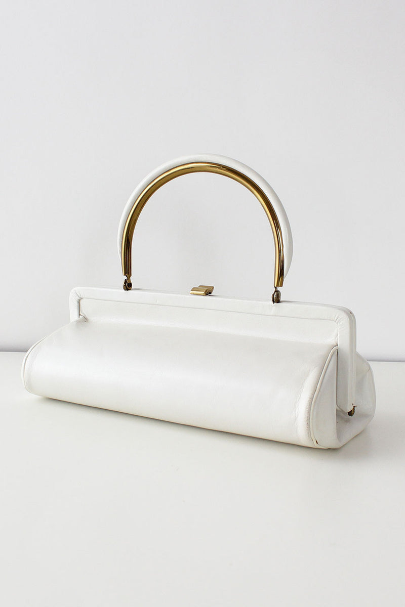 Cream Leather Structured Handbag