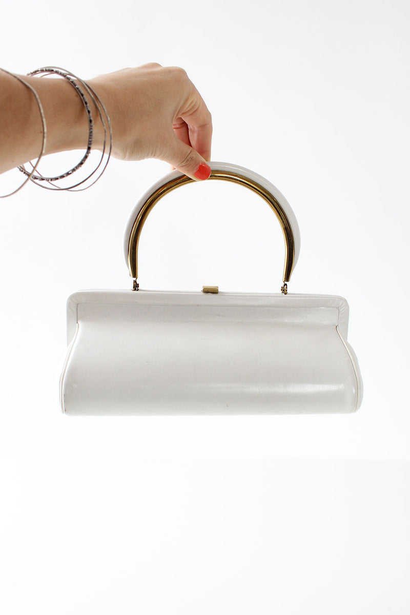 Cream Leather Structured Handbag