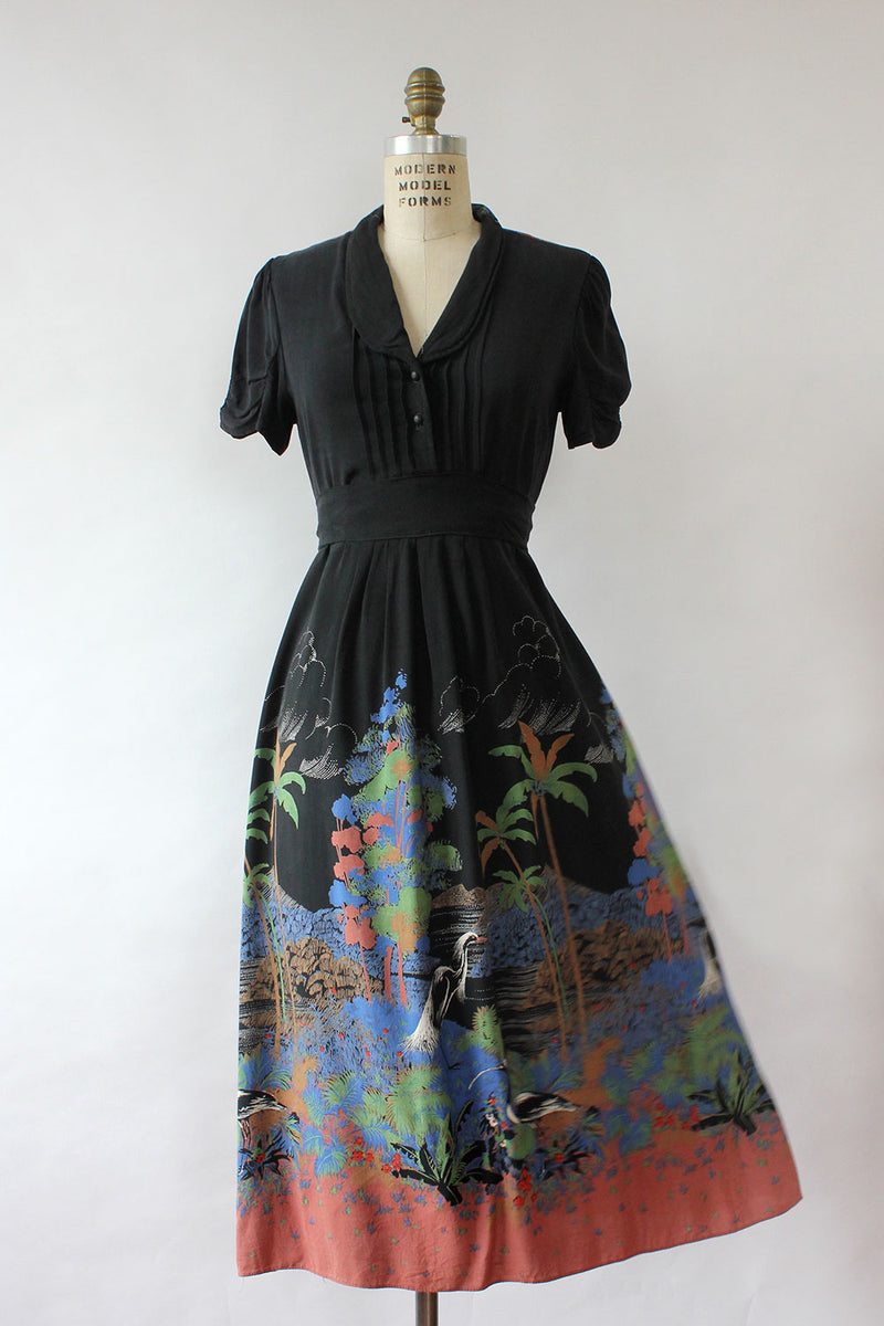 Crane Print 70s Floral Dress XS-M