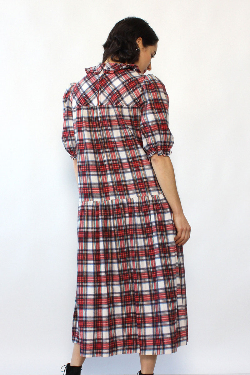 Flannel Puff Sleeve Smock Dress XS-M