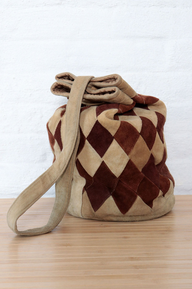 Checkered Deer Suede Bucket Bag