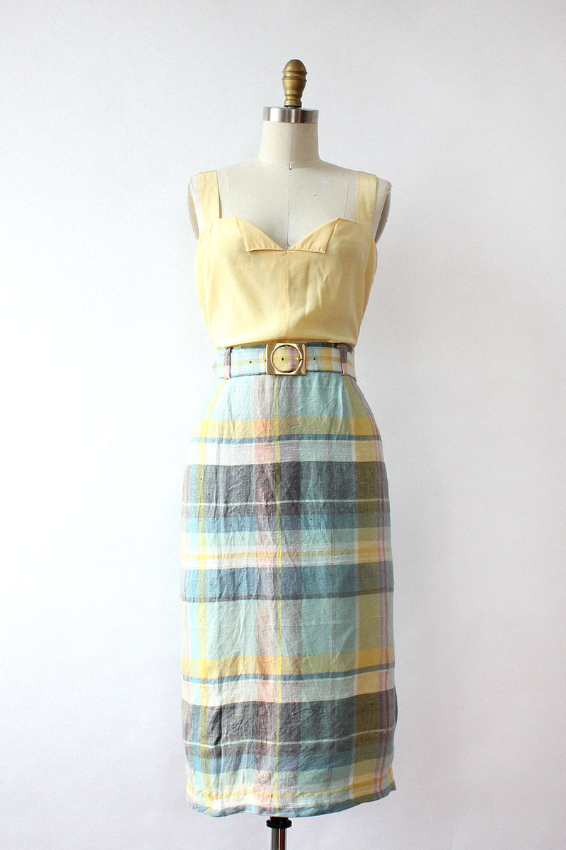 Pastel Plaid Belted Pencil Skirt S/M