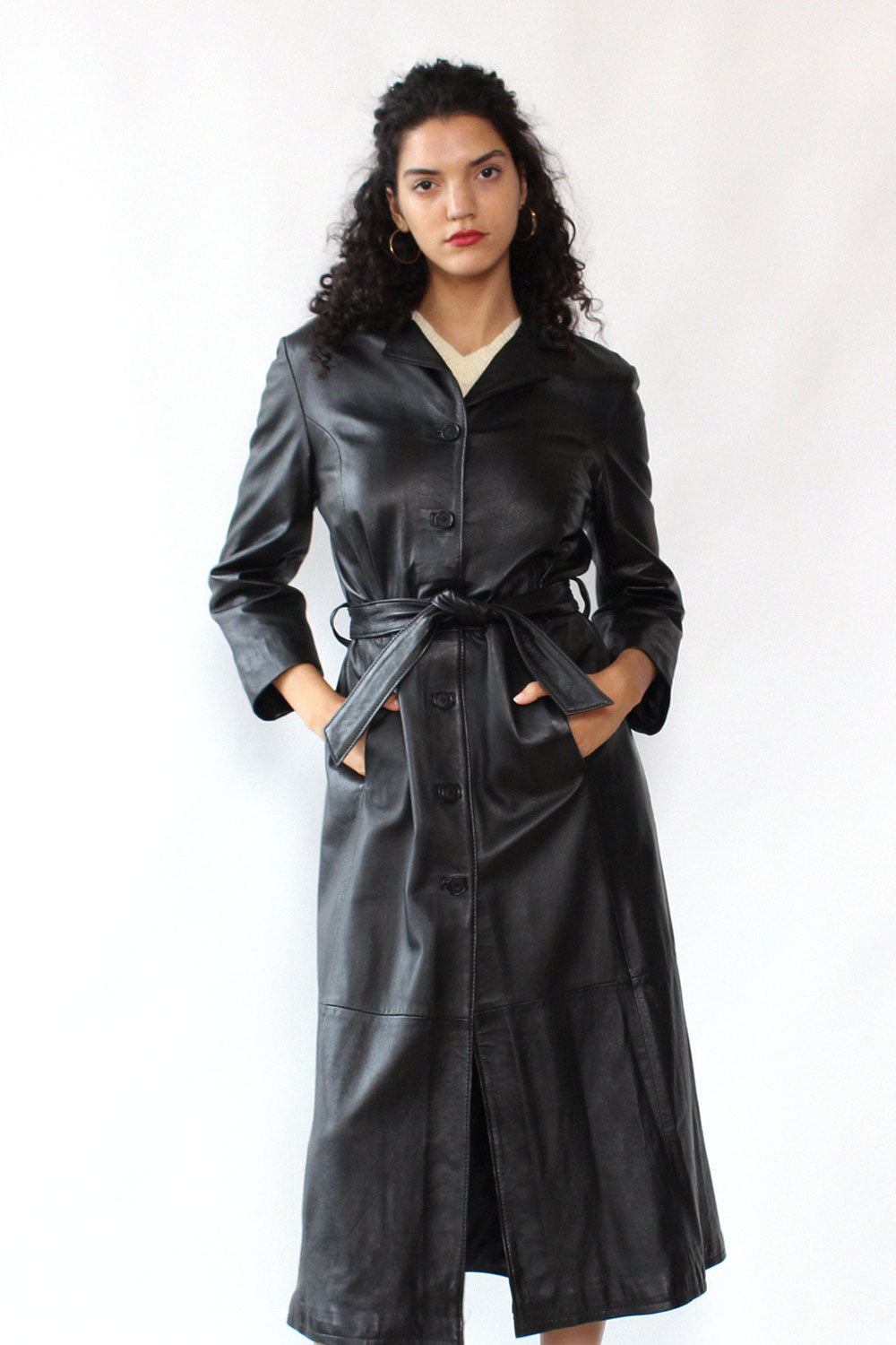 Jet Black Leather Long Jacket M