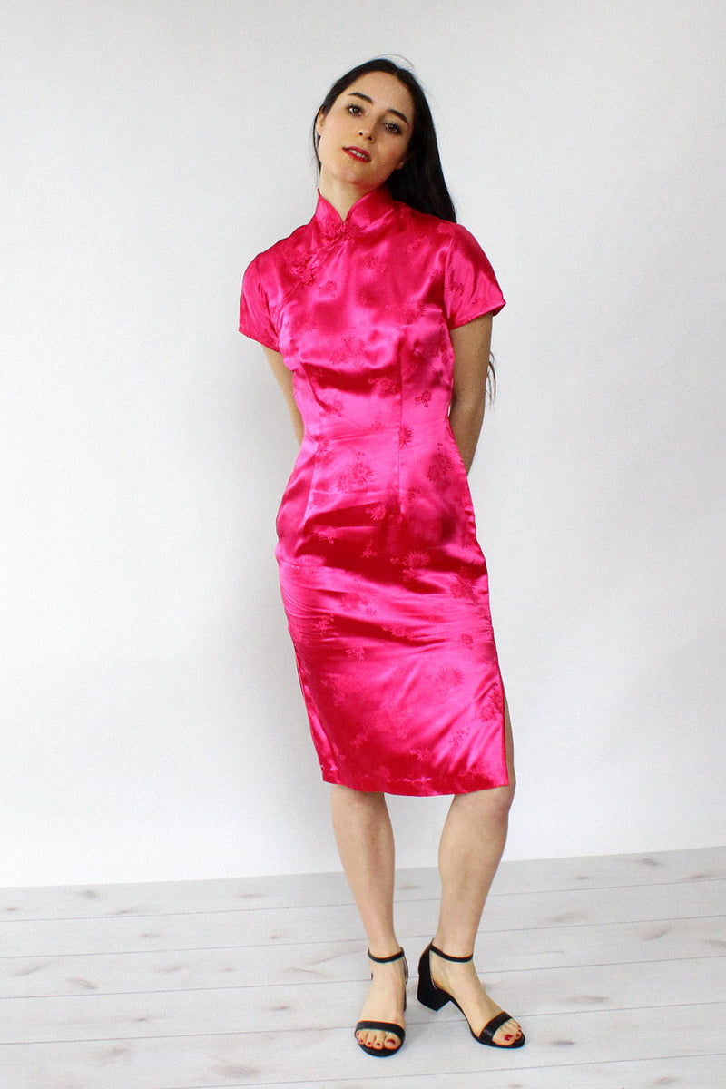Fuchsia Satin Mandarin Dress S