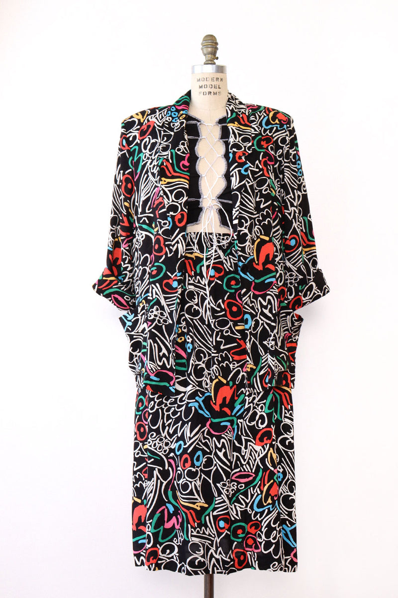 Doodle Print Jacket & Skirt Set S/M