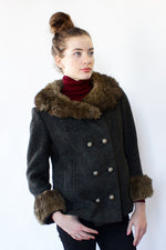 Charcoal Tweed Fur Collar Coat S