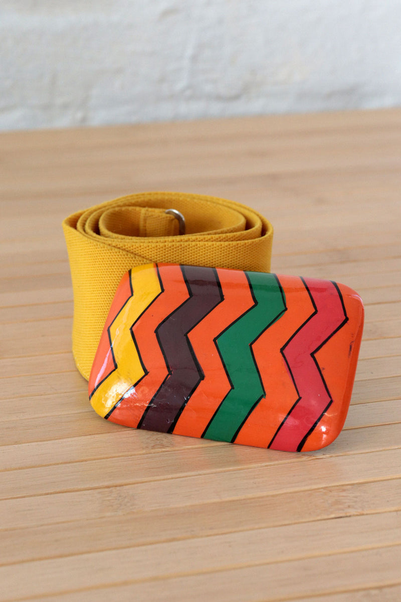 Handpainted Zigzag Wood Buckle Belt M/L
