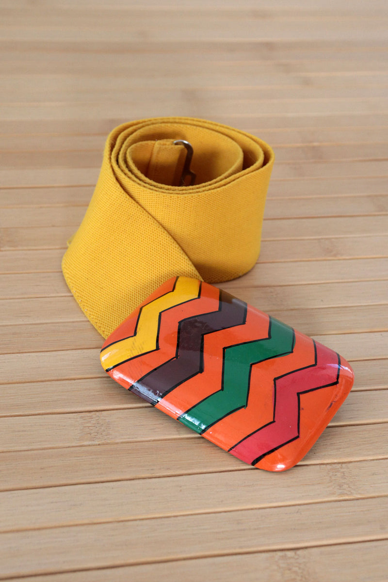 Handpainted Zigzag Wood Buckle Belt M/L