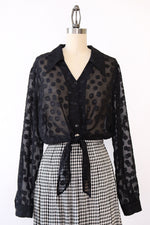 Sheer Dotted Crop Tie Blouse M
