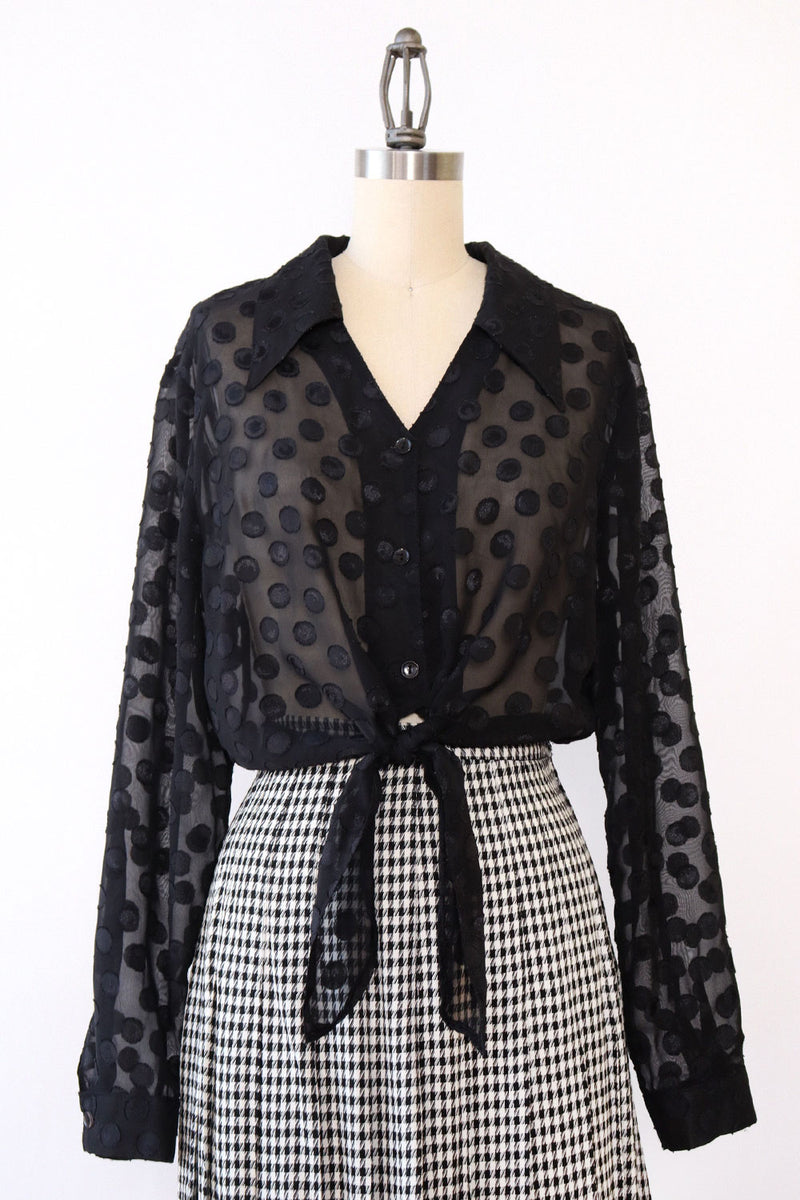 Sheer Dotted Crop Tie Blouse M