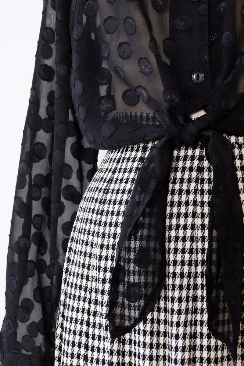 Sheer Dotted Crop Tie Blouse M