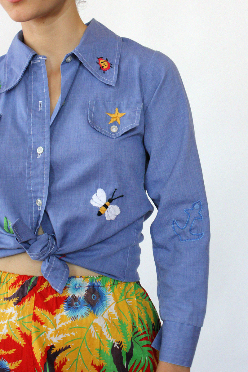 Chambray Embroidered Button Down XS