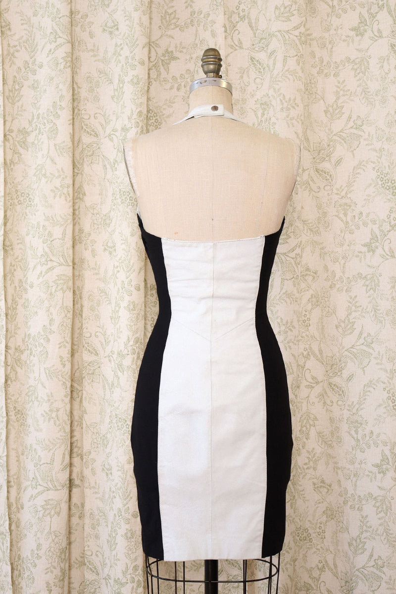 White Leather Black Bodycon Halter Dress M/L OMNIA White Leather Black Bodycon Halter Dress M/L OMNIA