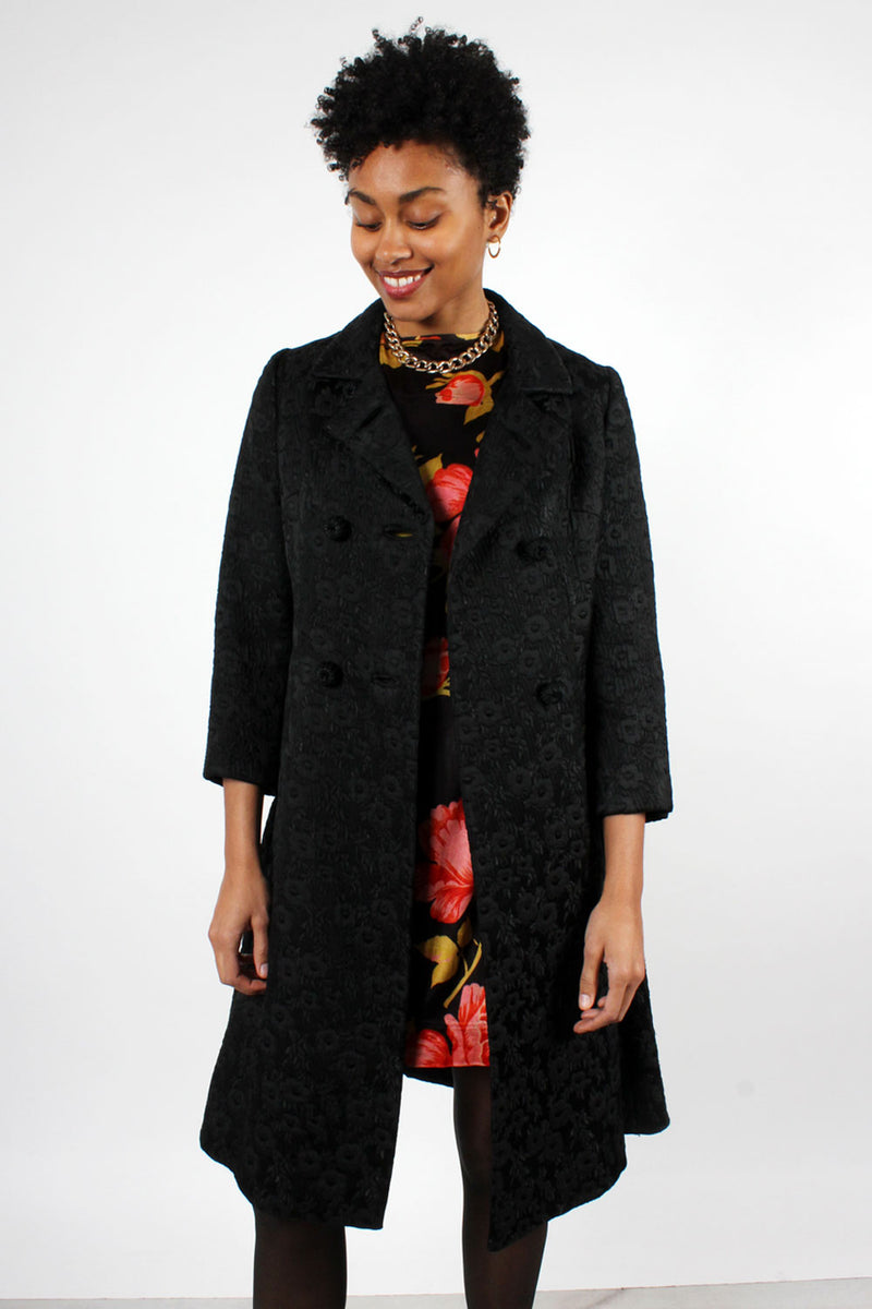 Quilted Black Floral 1960s Coat XS/S