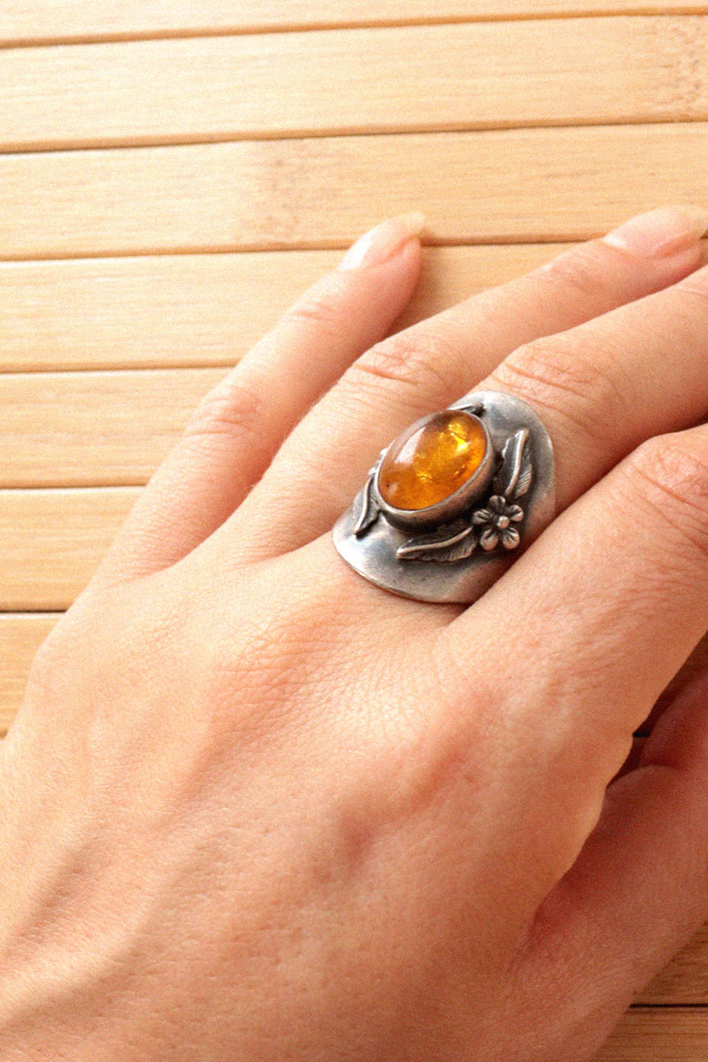 Sterling Amber Shield Ring