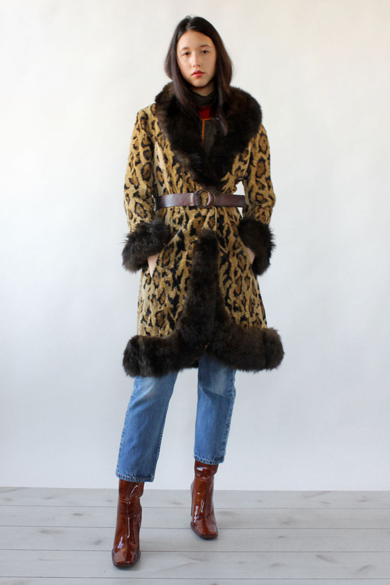Leopard Print Fur Trim Coat S/M