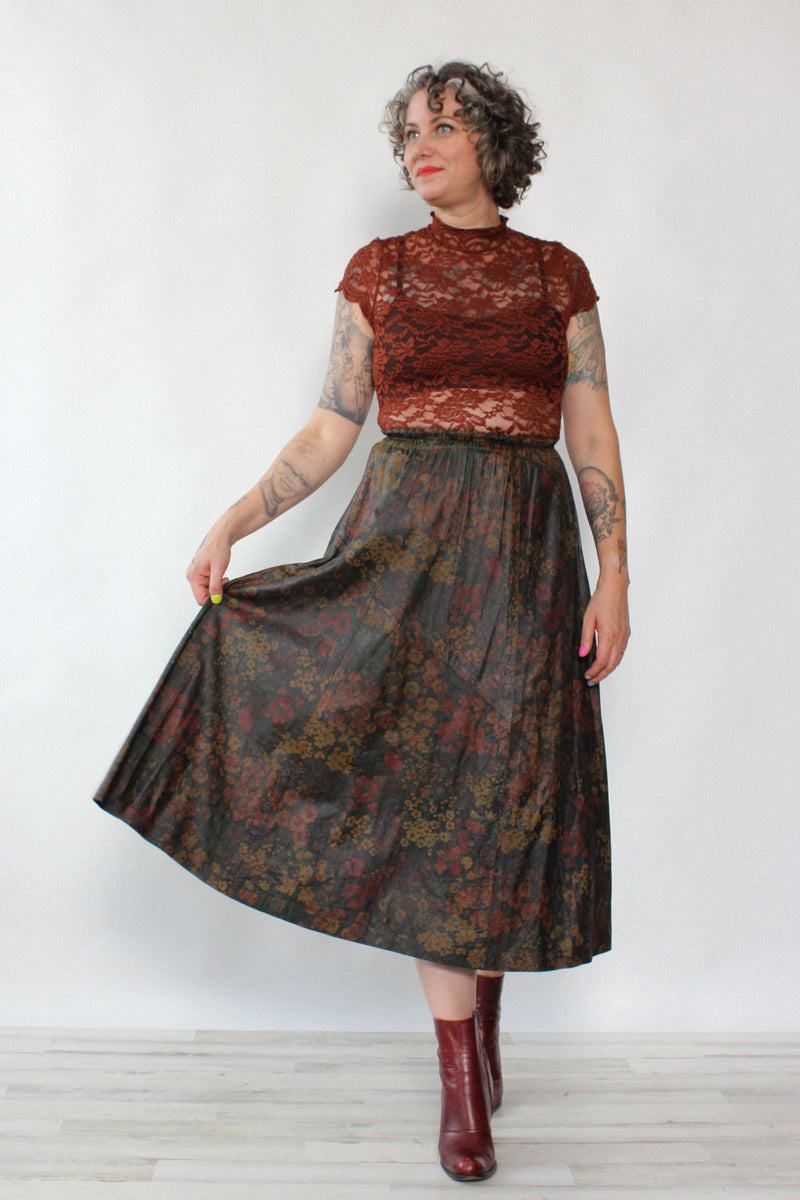 October Floral Leather Flare Skirt XS-M