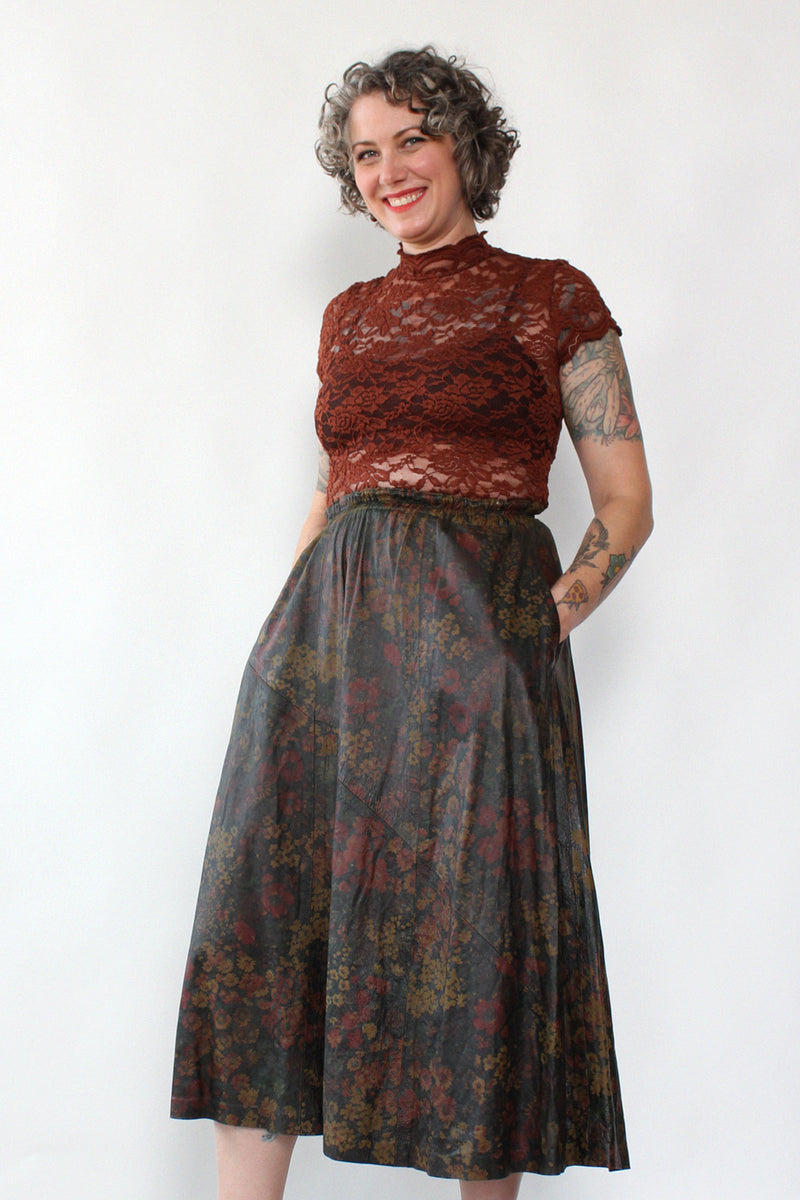October Floral Leather Flare Skirt XS-M