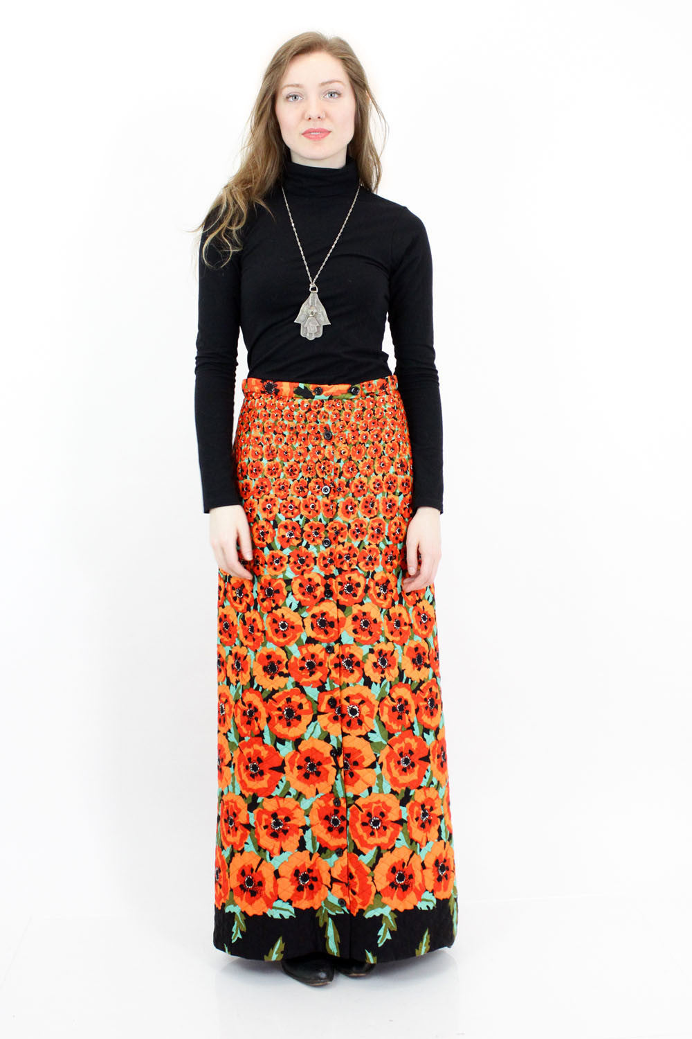 60s Poppy Print Maxi Skirt S
