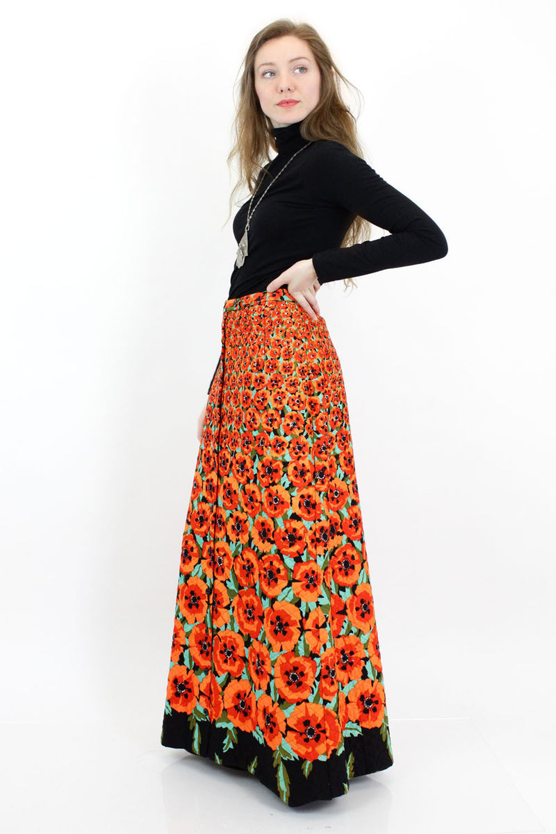 60s Poppy Print Maxi Skirt S