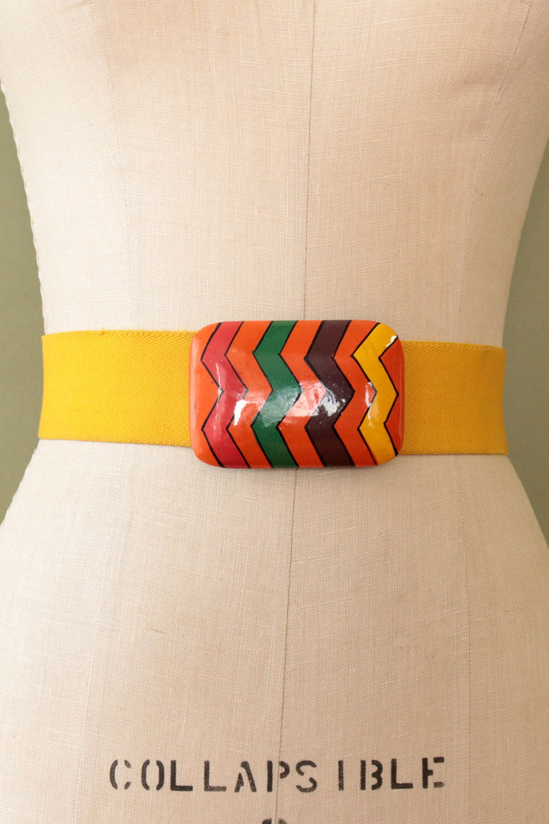 Handpainted Zigzag Wood Buckle Belt M/L