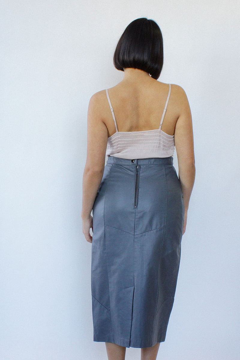 Pewter Paneled Leather Midi Skirt M