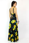 70s Black Floral Maxi Dress S/M