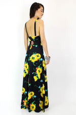 70s Black Floral Maxi Dress S/M