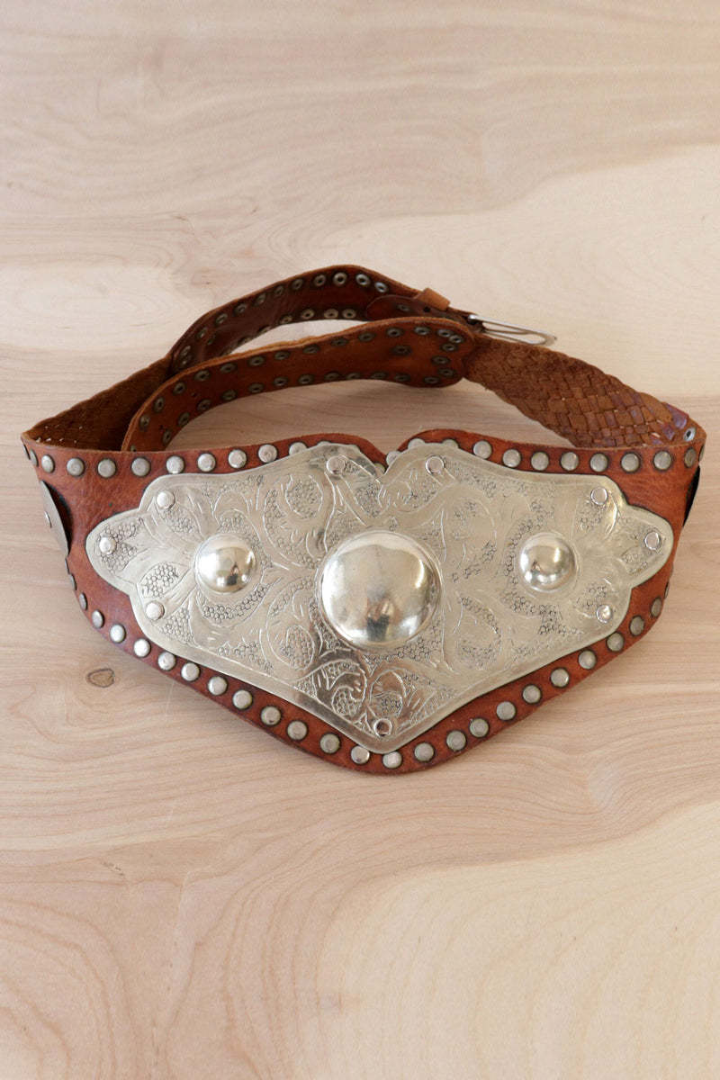 Studded Braided Leather Statement Belt S-L